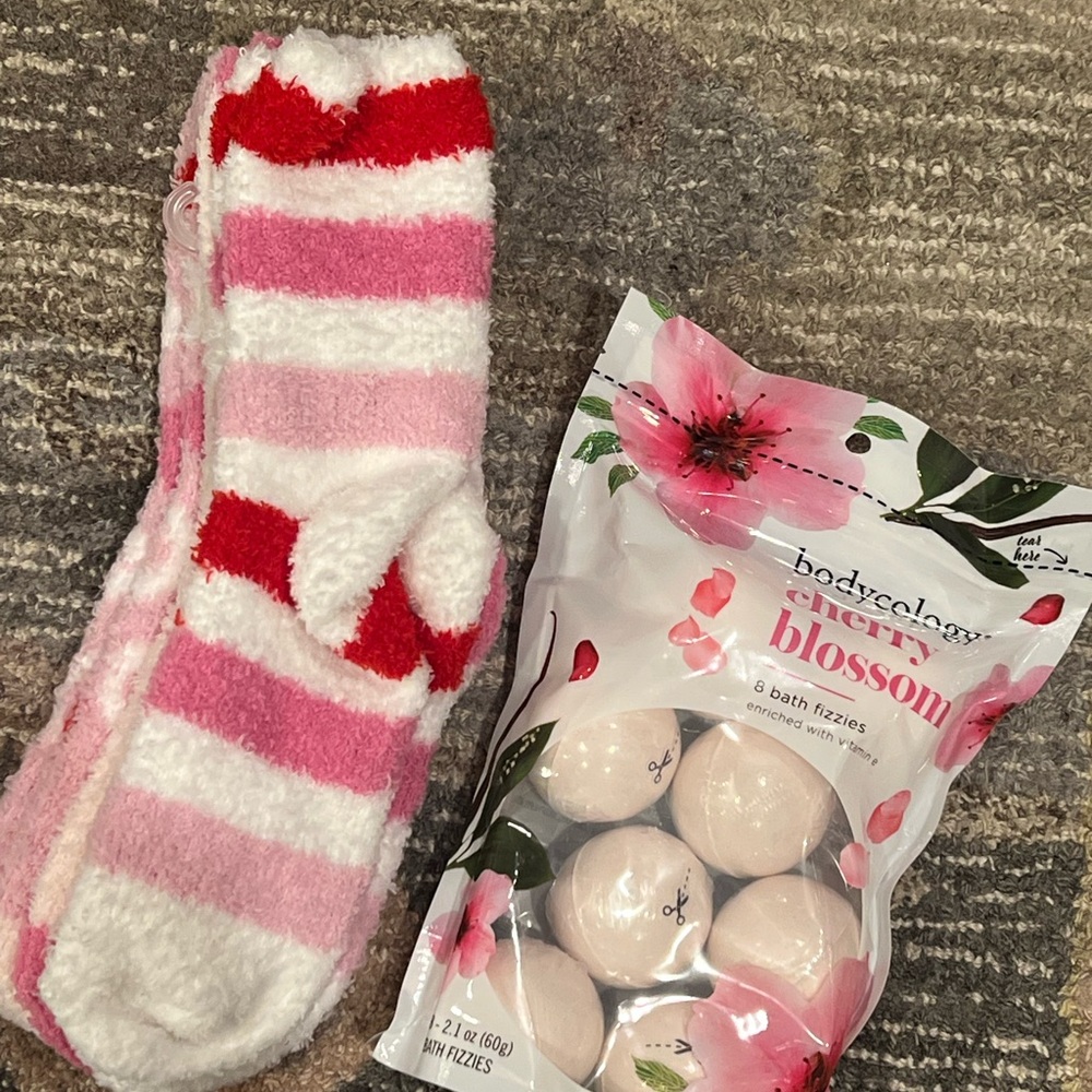 Striped Pink & White Cozy Fuzzy Socks with Cherry Blossom Bath Fizzies